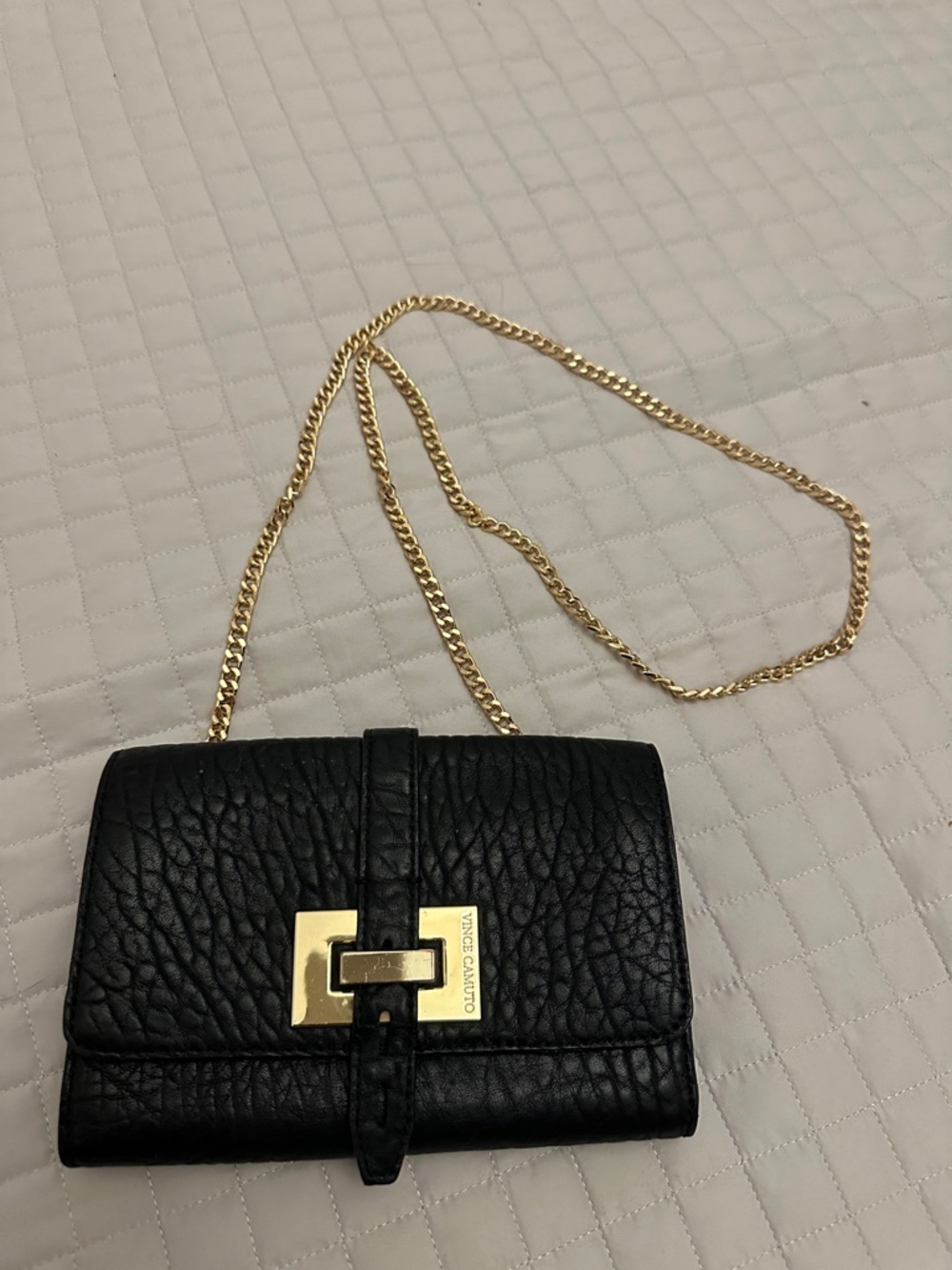 Vince Camuto Black Textured Leather Crossbody with Gold Chain Strap